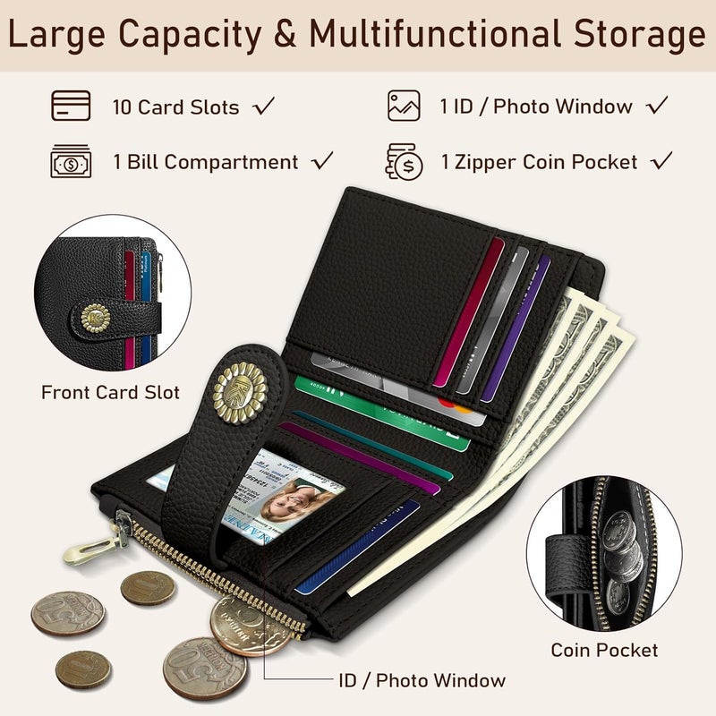Kelvoris Small Rfid Women Wallet Bifold Zipper Coin Pocket PU Leather Compact Cash Credit Card Holder Travel Wallet for Female Ladies Teen Girls 1 ID Window 10 Card Slots Black - Image 4